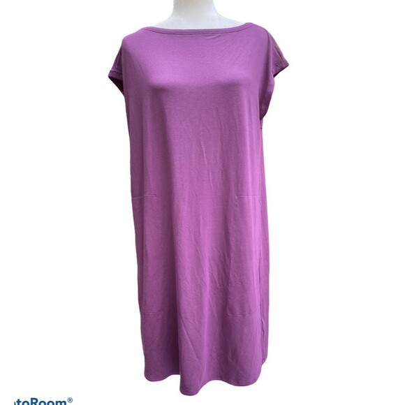 Eileen Fisher Twist Back Bateau Neck Purple Jersey Tunic Shift Midi Dress Sz M - Picture 7 of 11